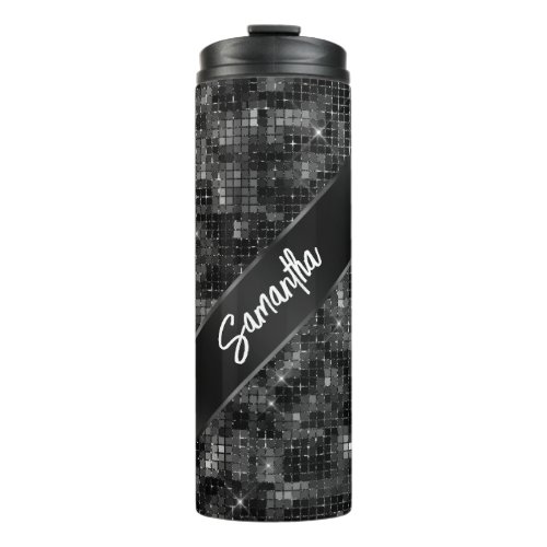 Black sequin glitter chainmail glam girls name thermal tumbler