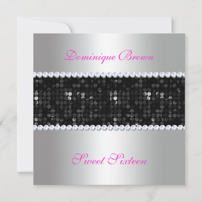 Black Sequin Invite with Diamonds - Silver (Front)