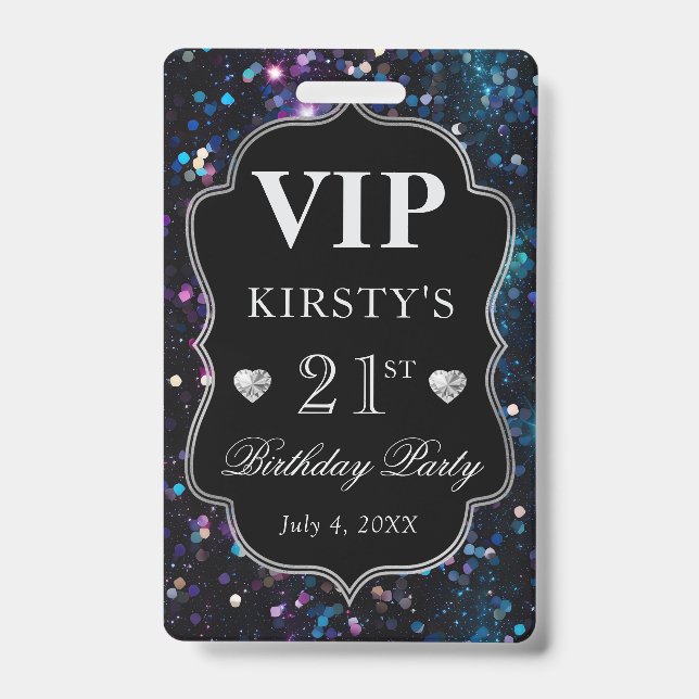 Black Sequins Glitter Vintage Frame Birthday VIP Badge (Front)