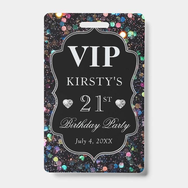 Black Sequins Glitter Vintage Frame Birthday VIP Badge (Front)