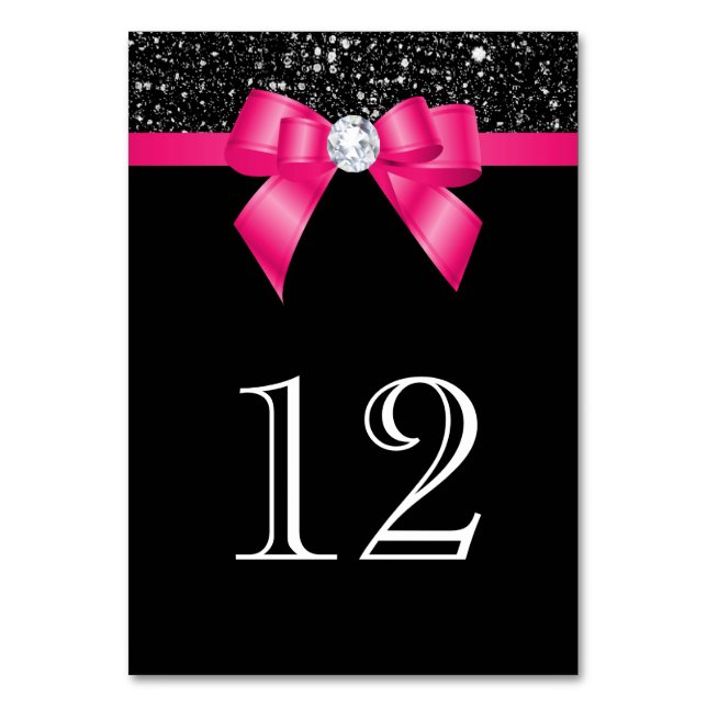 Black Sequins Hot Pink Bow Table Number (Front)