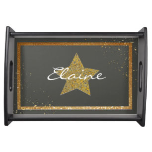 Black Serving Tray with Gold Star Personalized 
