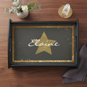 Black Serving Tray with Gold Star Personalized 