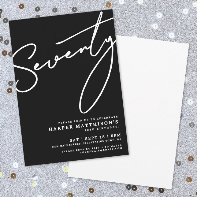 Black Seventy 70th Birthday Party Invitation (Black Minimalist Seventy 70th Birthday Party Invitation)