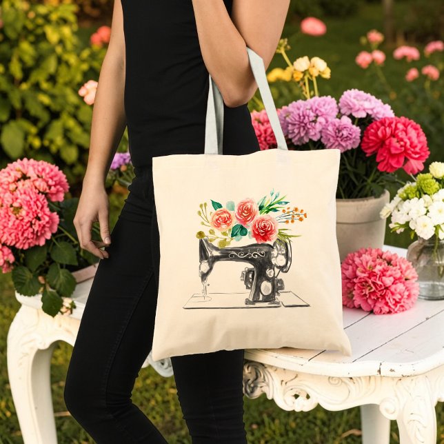 Black Sewing Machine Quilting Tailor Floral Tote Bag (Creator Uploaded)