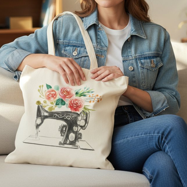 Black Sewing Machine Quilting Tailor Floral Tote Bag (Creator Uploaded)