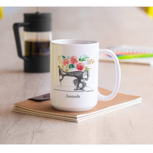 Black Sewing Machine Quote Red Floral Coffee Mug