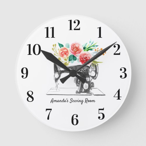 Black Sewing Machine White Floral Round Clock