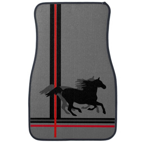 Black Shadowed Horse on Grey RedBlack Stripes Car Floor Mat