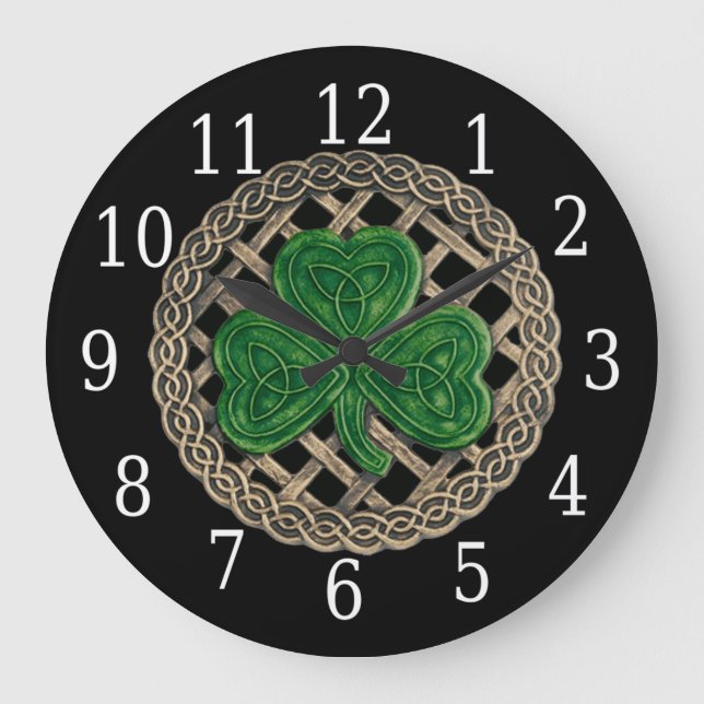 Black Shamrock And Celtic Knots Round Clock (Front)