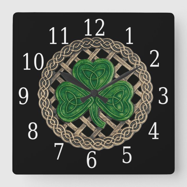 Black Shamrock And Celtic Knots Square Clock (Front)