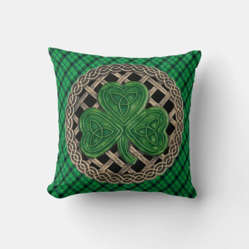 Black Shamrock Celtic Knots On Green Plaid Throw Pillow