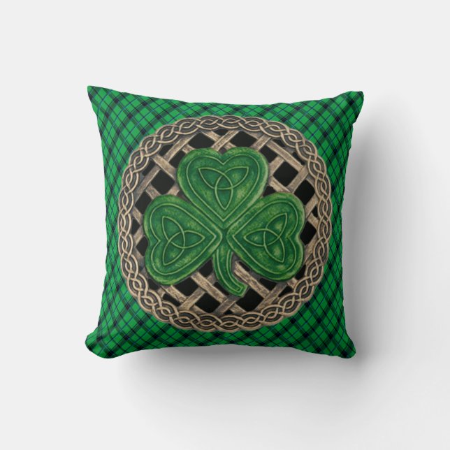 Black Shamrock Celtic Knots On Green Plaid Throw Pillow (Front)