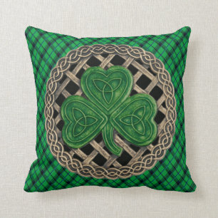 Black Shamrock Celtic Knots On Green Plaid Throw Pillow