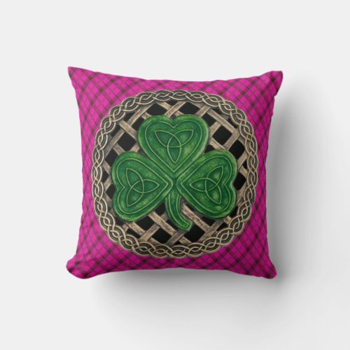 Black Shamrock Celtic Knots On Pink Plaid Throw Pillow