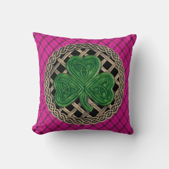 Black Shamrock Celtic Knots On Pink Plaid Throw Pillow (Front)