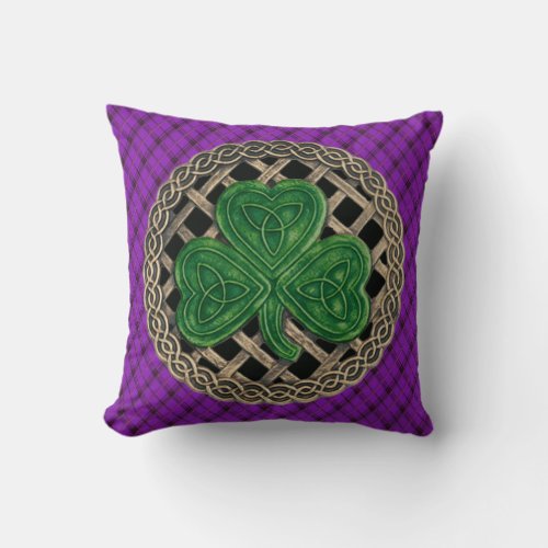 Black Shamrock Celtic Knots On Purple Plaid Throw Pillow