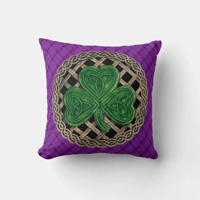 Black Shamrock Celtic Knots On Purple Plaid Throw Pillow (Front)