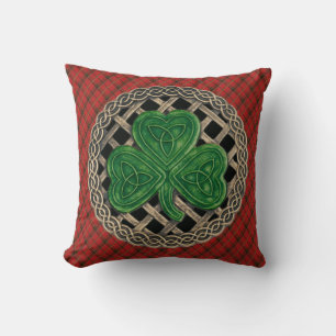 Black Shamrock Celtic Knots On Red Plaid Throw Pillow