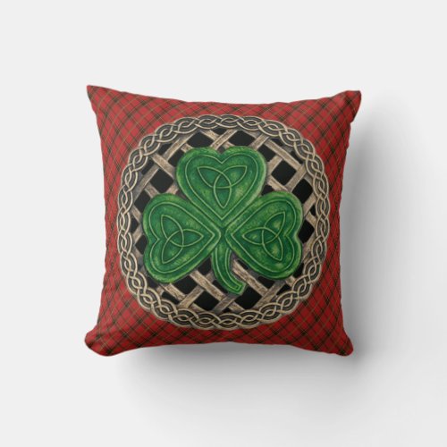 Black Shamrock Celtic Knots On Red Plaid Throw Pillow