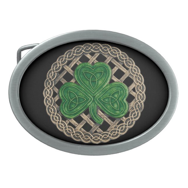 Black Shamrock On Celtic Knots Belt Buckle (Front)