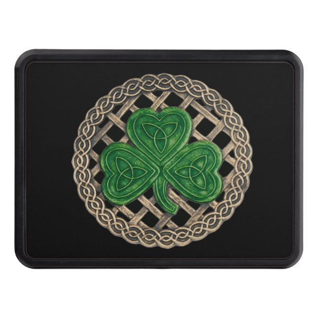 Black Shamrock On Celtic Knots Hitch Cover (Front)