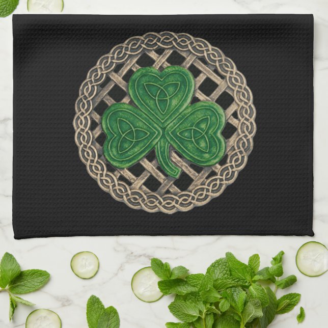 Black Shamrock On Celtic Knots Kitchen Towel (Folded)