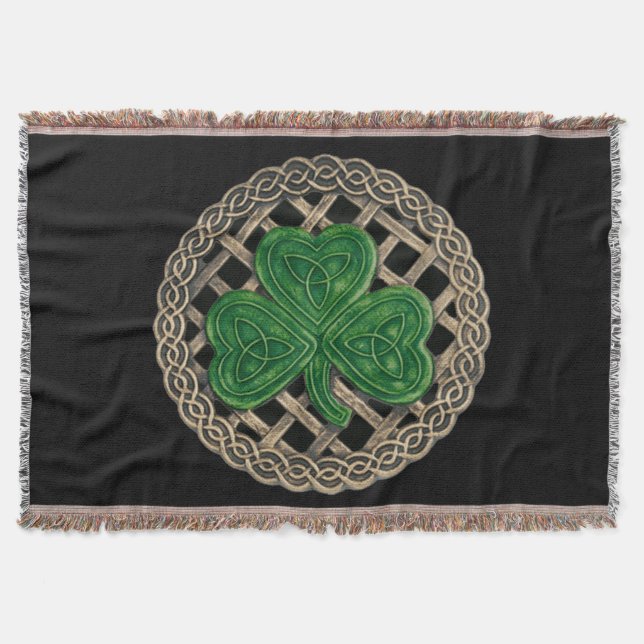 Black Shamrock On Celtic Knots Throw Blanket (Front)