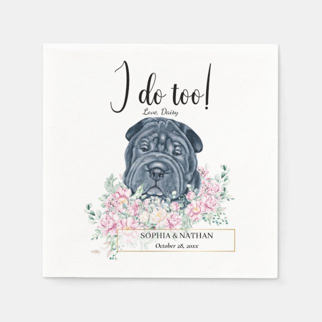 Black Shar Pei Dog Wedding Cocktail Napkins (Front)