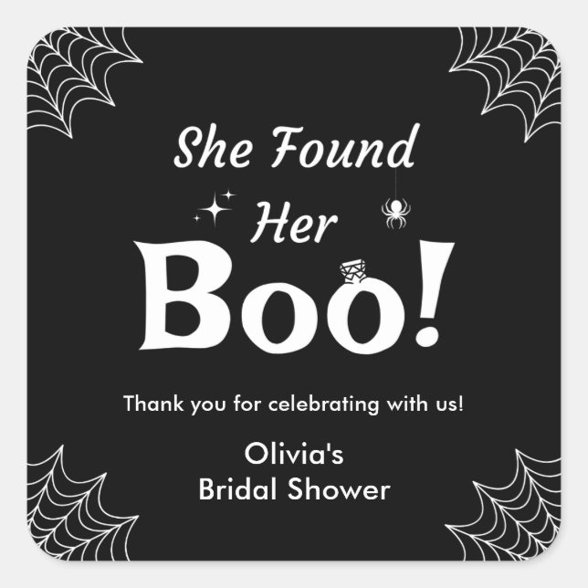 Black She Found Her Boo Halloween Bridal Shower  Square Sticker (Front)