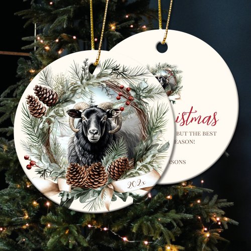 Black sheep farm animal Christmas pinecone wreath Ceramic Ornament