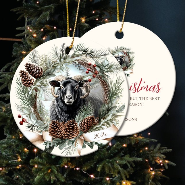 Black sheep farm animal Christmas pinecone wreath Ceramic Ornament (Black sheep farm animal Christmas pinecone wreath Ceramic Ornament)