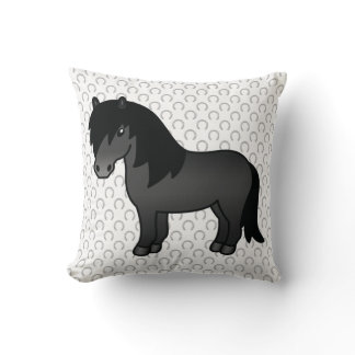 Black Shetland Pony Cute Cartoon Illustration Throw Pillow