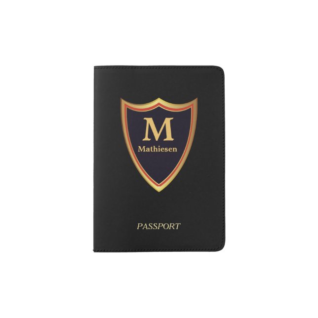 Black Shield Gold Monogram Passport Holder (Front)