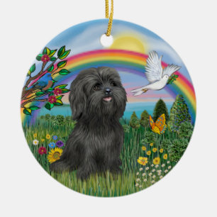 Black Shih Tzu at Rainbow Bridge With Butterfly Ceramic Ornament