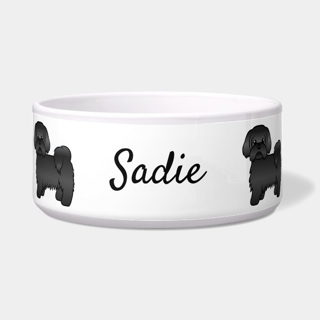 Black Shih Tzu Cute Cartoon Dog & Name Bowl (Front)
