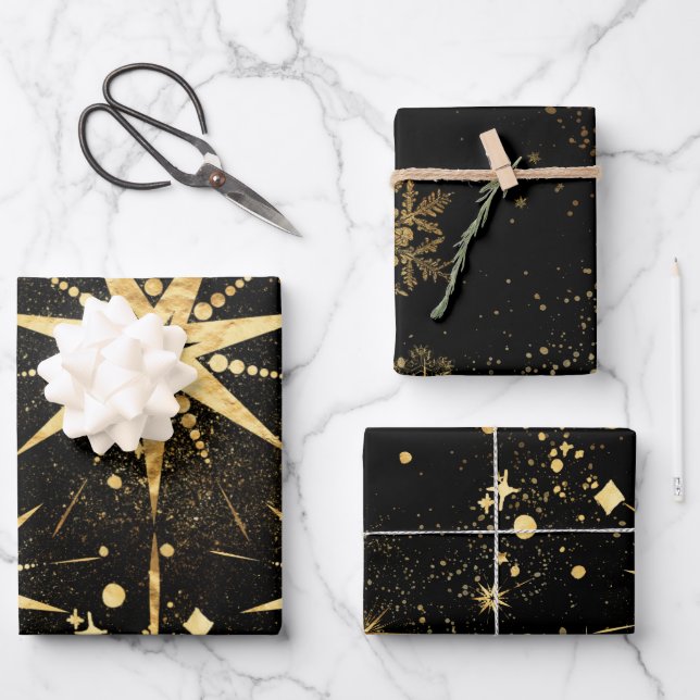 Black & Shimmering Gold Starbursts & Stardust Wrapping Paper Sheets (Front)