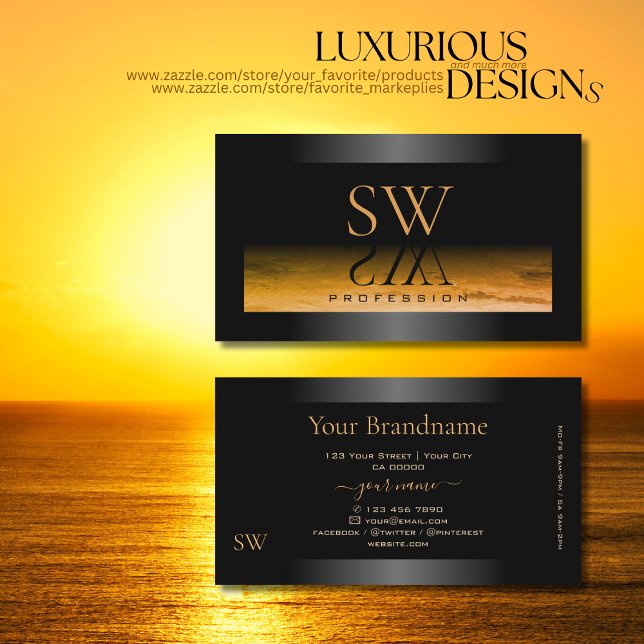Black Shimmery Frame Orange Pattern and Monogram Business Card (Creator Uploaded)