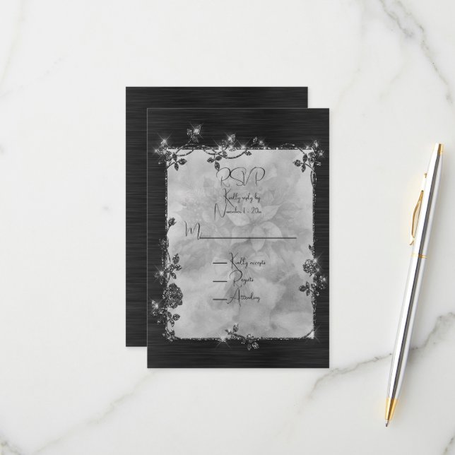 Black Shiny Elegant Sparkly Frame  RSVP Card (Front/Back In Situ)