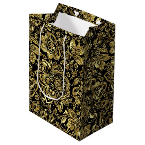 Black  Shiny Glittery Gold Floral Damasks Medium Gift Bag