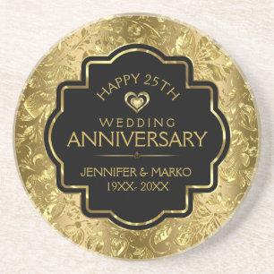 Black & Shiny Gold 50th Wedding Anniversary Sandstone Coaster
