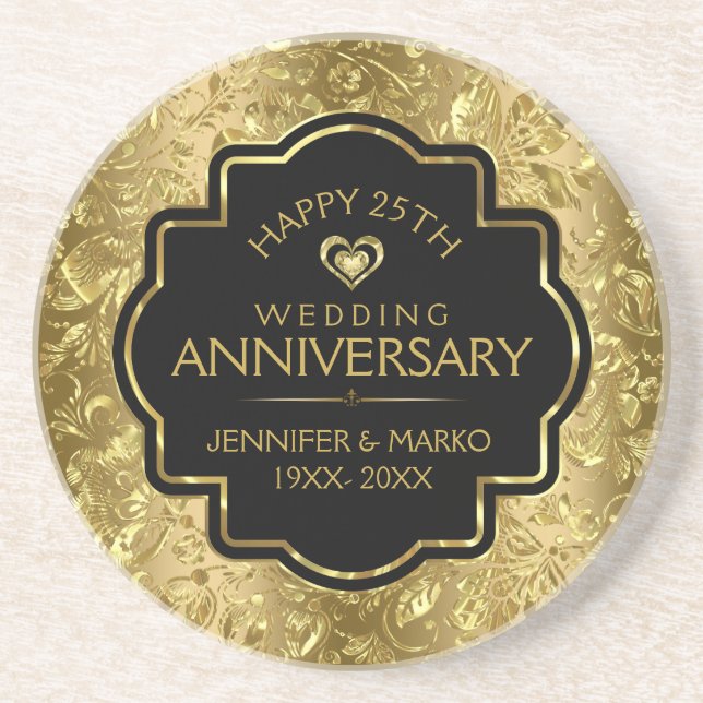 Black & Shiny Gold 50th Wedding Anniversary Sandstone Coaster (Front)