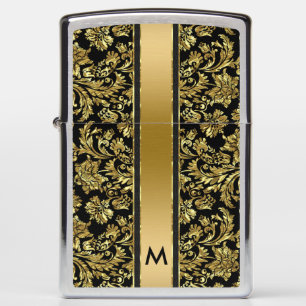 Black & Shiny Gold Damasks & Stripes Zippo Lighter