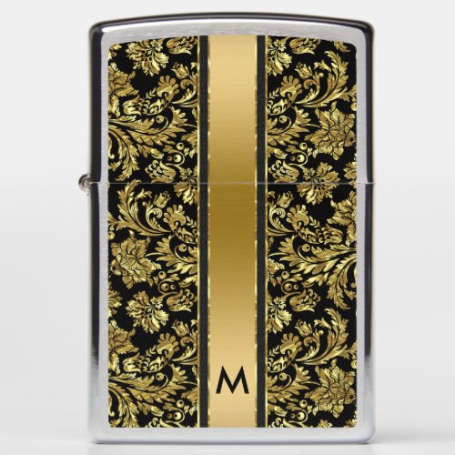 Black  Shiny Gold Damasks  Stripes Zippo Lighter