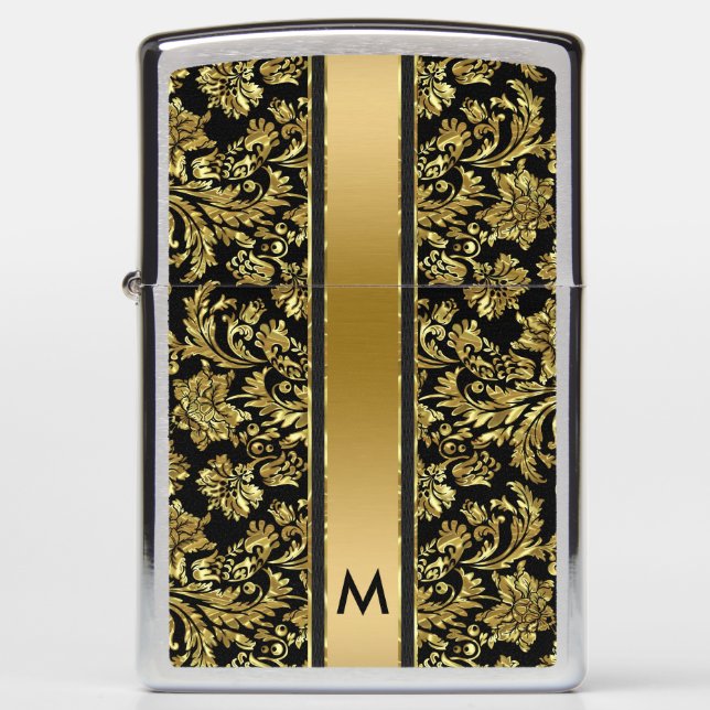 Black & Shiny Gold Damasks & Stripes Zippo Lighter (Front)