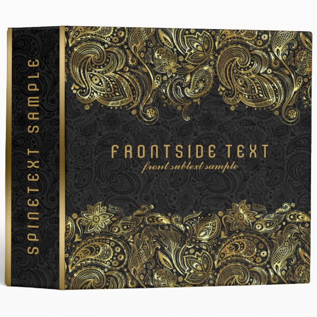 Black & Shiny Gold Paisley Lace 3 Ring Binder (Front/Spine)