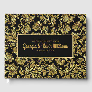 Black & Shiny Gold Vintage Floral Damasks Guest Book