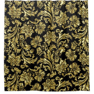 Black & Shiny Gold Vintage Floral Damasks Shower Curtain