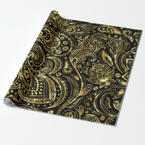 Black  Shiny Gold Vintage Paisley Pattern Wrapping Paper