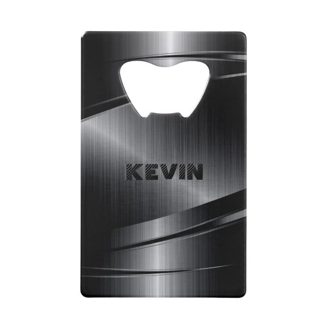 Black Shiny Metallic Brushed Aluminum Look  Credit Card Bottle Opener (Front)